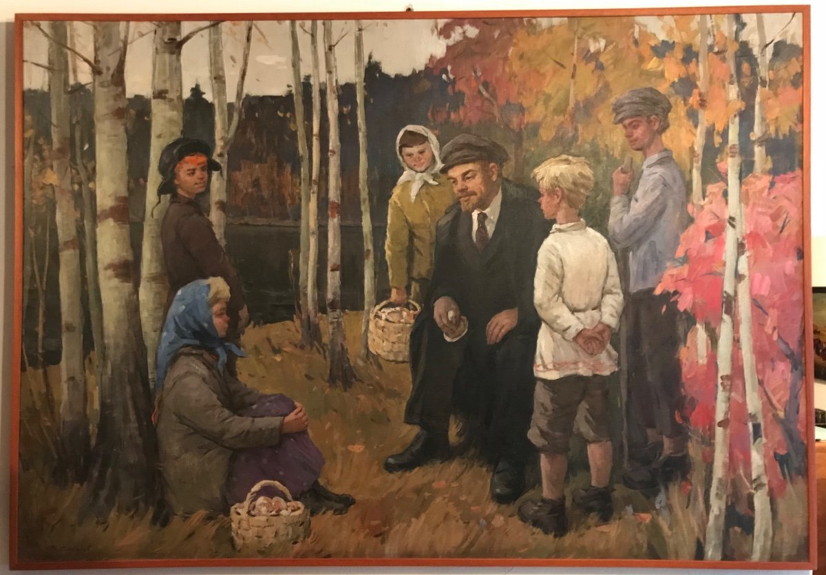 Olio su tela firmato raffigurante Lenin con bambini nel bosco. Pittore Sokolov Vladimir -photo-3