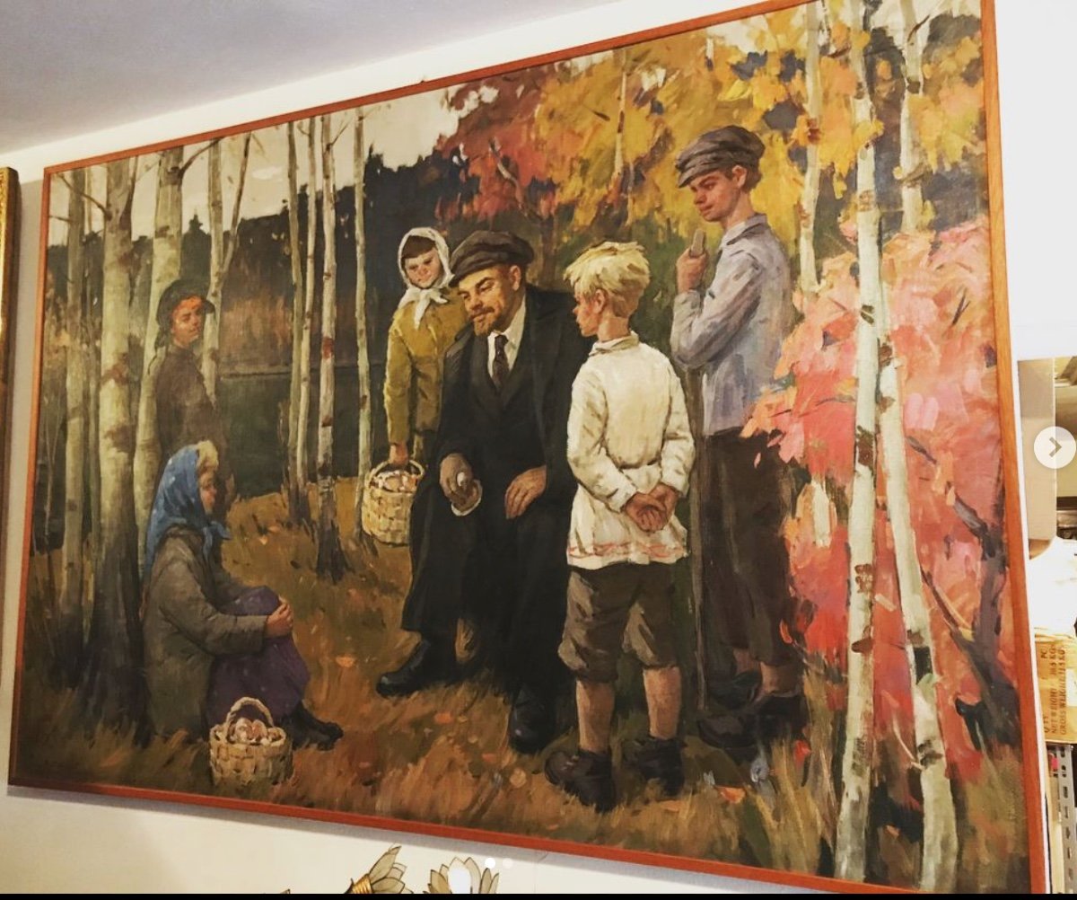 Olio su tela firmato raffigurante Lenin con bambini nel bosco. Pittore Sokolov Vladimir 