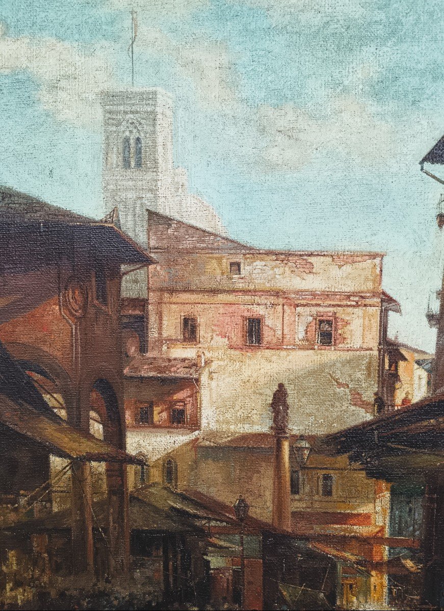 FRANK HOLT Warwick 1843/1928 FIRENZE veduta del vecchio mercato con il campanile di Giotto e la-photo-2