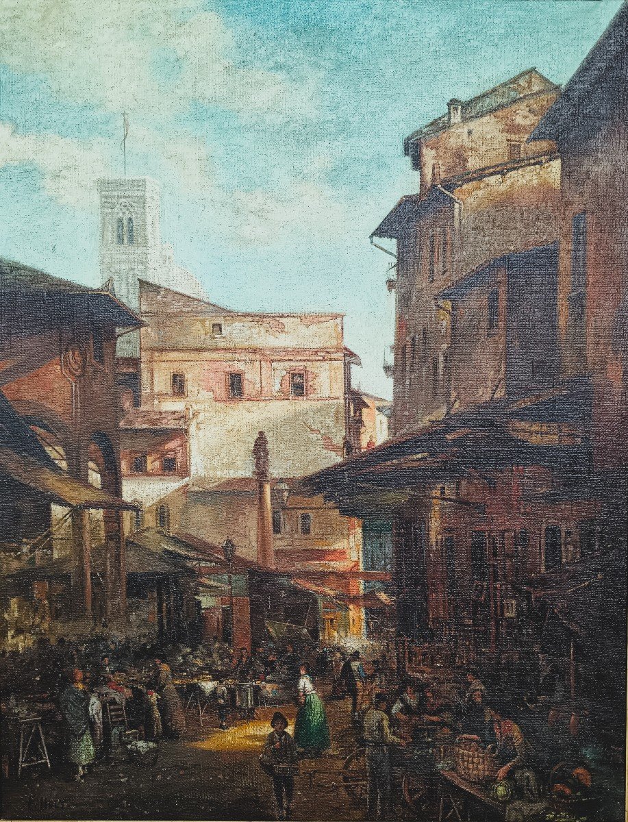 FRANK HOLT Warwick 1843/1928 FIRENZE veduta del vecchio mercato con il campanile di Giotto e la-photo-2