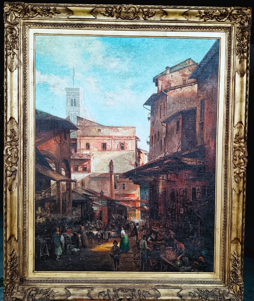 FRANK HOLT Warwick 1843/1928 FIRENZE veduta del vecchio mercato con il campanile di Giotto e la