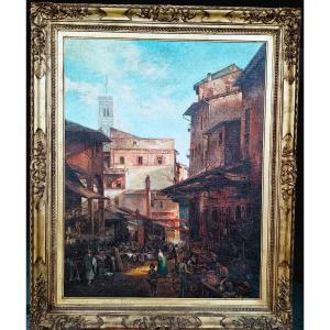 FRANK HOLT Warwick 1843/1928 FIRENZE veduta del vecchio mercato con il campanile di Giotto e la