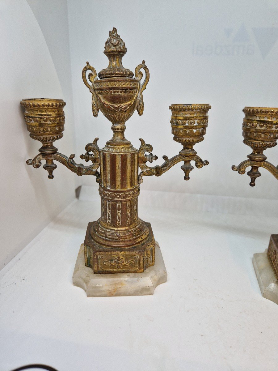 Coppia piccoli candelabri in bronzo con base in alabastro. Francia Napoleone III -photo-2