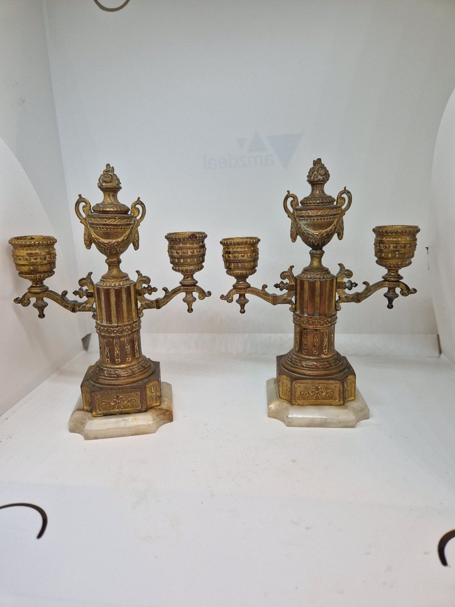 Coppia piccoli candelabri in bronzo con base in alabastro. Francia Napoleone III -photo-2