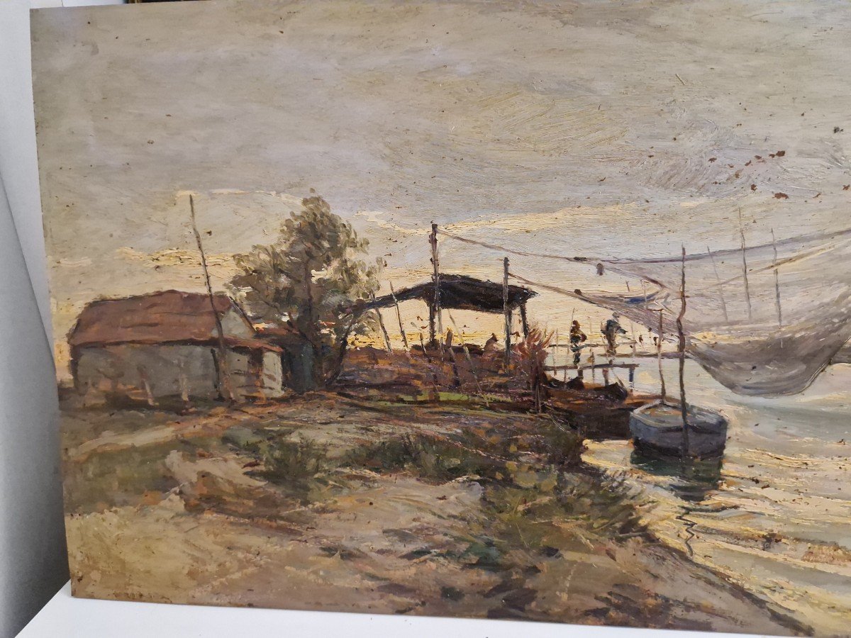 Olio su tavola raffigurante "ansa del fiume con pescatori" firmato Ferruccio Rontini-photo-2