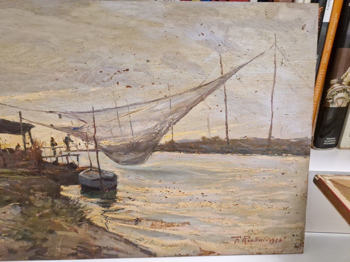 Olio su tavola raffigurante "ansa del fiume con pescatori" firmato Ferruccio Rontini-photo-3