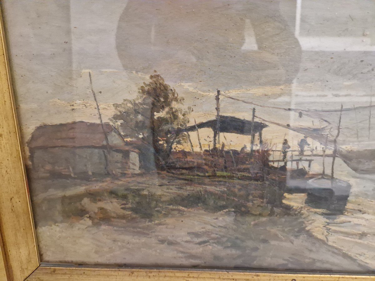 Olio su tavola raffigurante "ansa del fiume con pescatori" firmato Ferruccio Rontini-photo-2