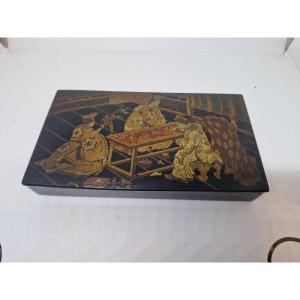 Antica scatola portamatite -cofanetto-Napoleone III cartapesta decoro giappo papier mache