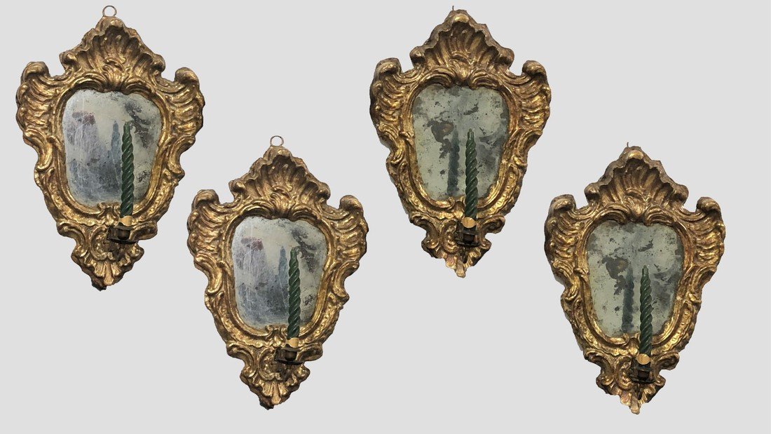 Quatre Anciens Petits Miroirs Louis XIV (éventails) En Papier Machè