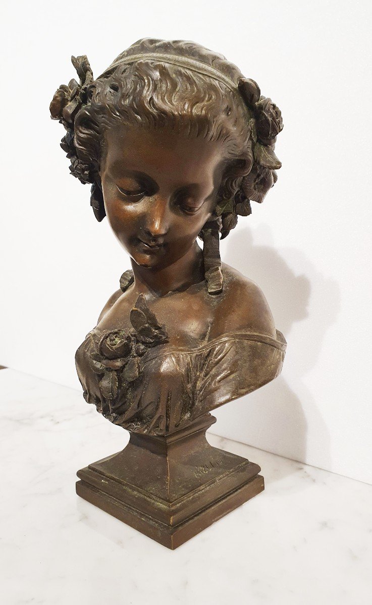 Buste De Jeune Femme Mélancolique En Bronze Patiné Par Eugène-antoine Aizelin.-photo-2