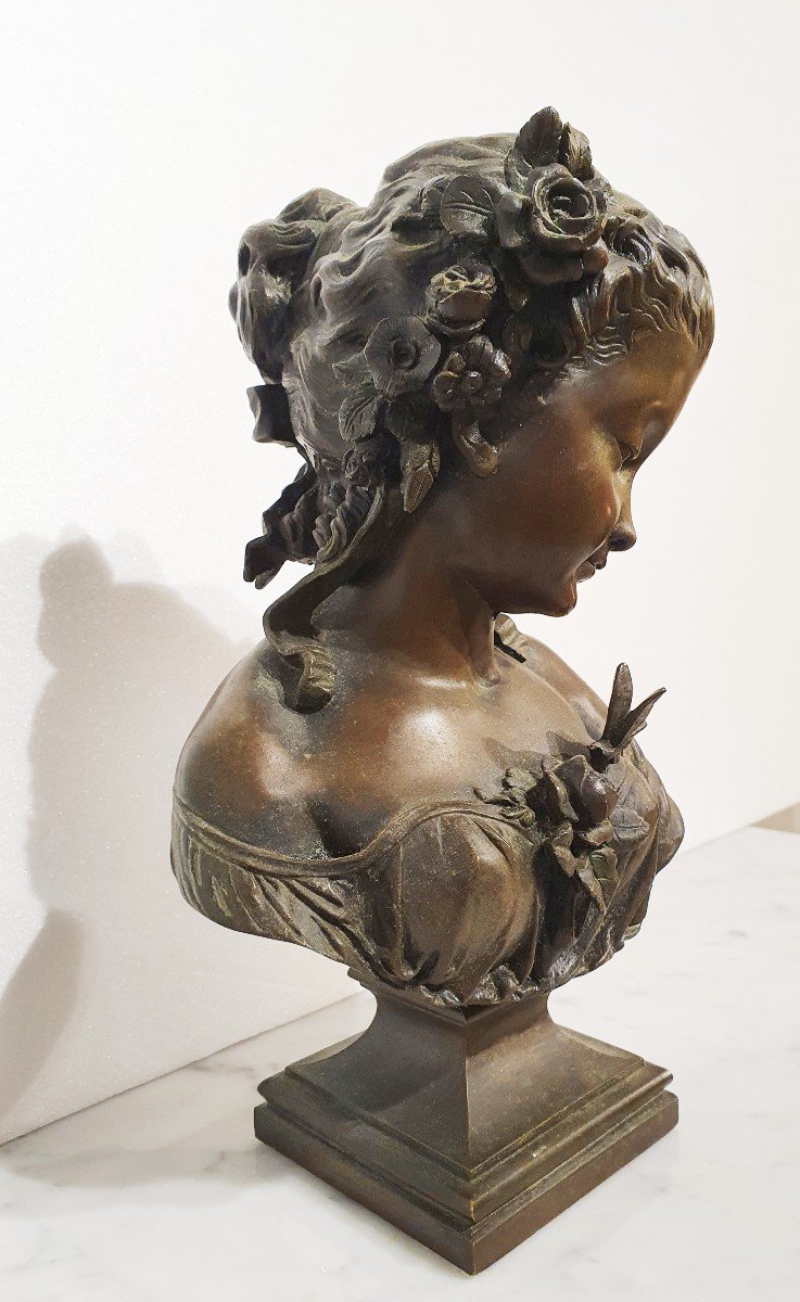 Buste De Jeune Femme Mélancolique En Bronze Patiné Par Eugène-antoine Aizelin.-photo-3