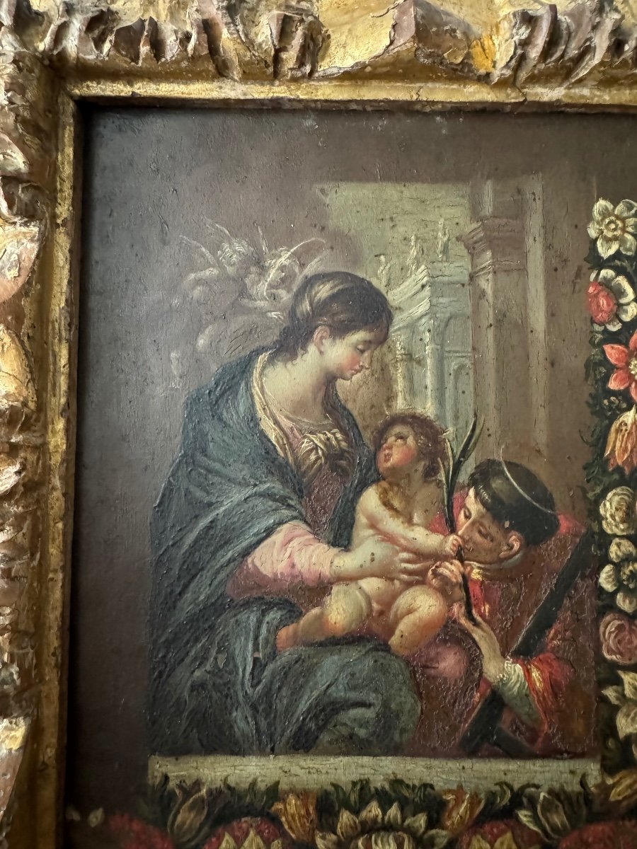 Dipinto olio su rame del XVI sec. raffigurante Madonna con Bambino e San Lorenzo-photo-3