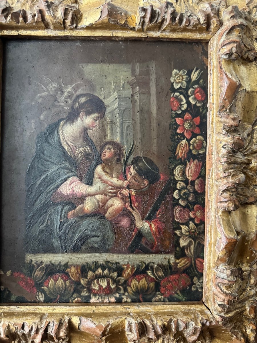 Dipinto olio su rame del XVI sec. raffigurante Madonna con Bambino e San Lorenzo-photo-4