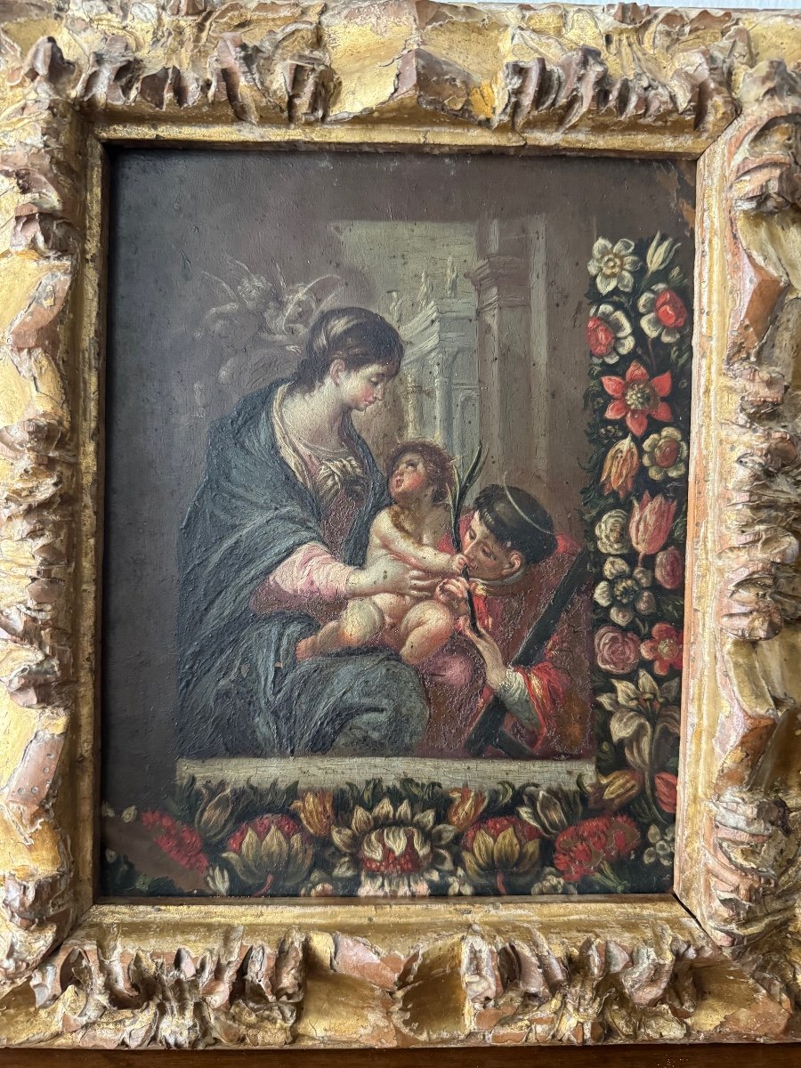 Dipinto olio su rame del XVI sec. raffigurante Madonna con Bambino e San Lorenzo-photo-1