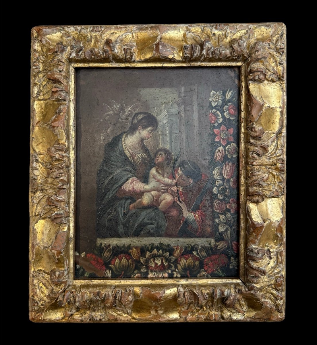 Dipinto olio su rame del XVI sec. raffigurante Madonna con Bambino e San Lorenzo