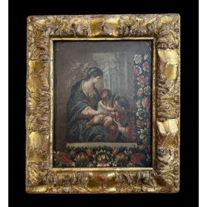 Dipinto olio su rame del XVI sec. raffigurante Madonna con Bambino e San Lorenzo