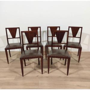 GRUPPO DI 6 SEDIE IN MOGANO DESIGN DI JACQUES E. RUHLMAN, ANNI '40