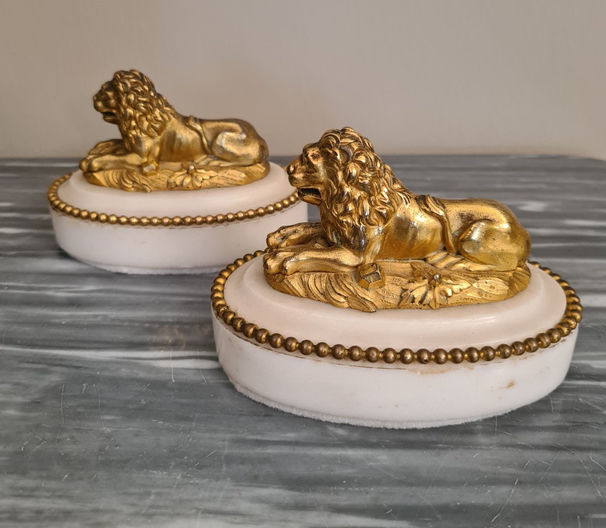 Coppia di leoni in bronzo dorato-photo-4