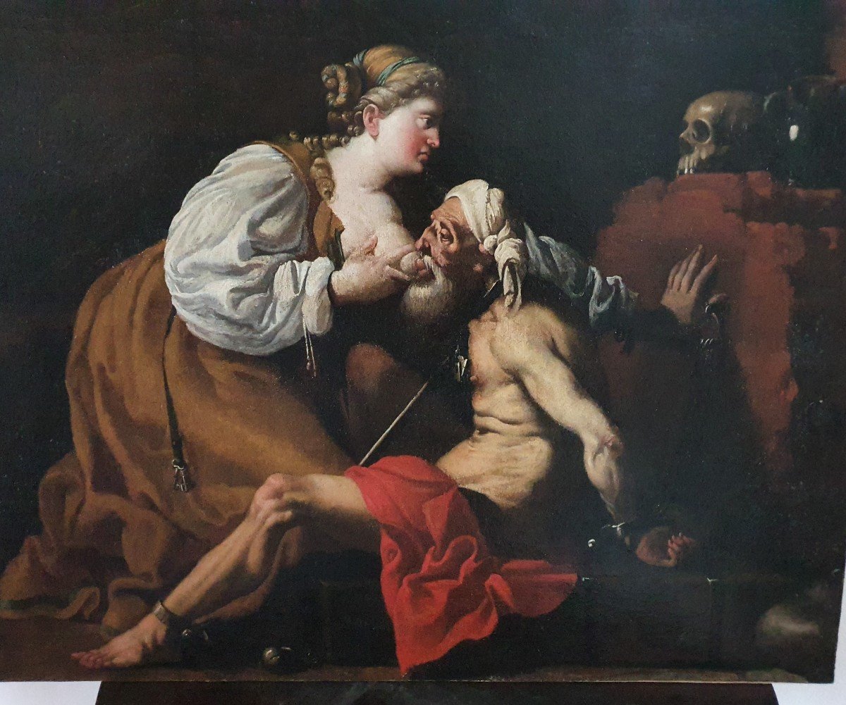 Caravaggista Francese metà del XVII secolo.  Pero e Cimone "Carita Romana" 