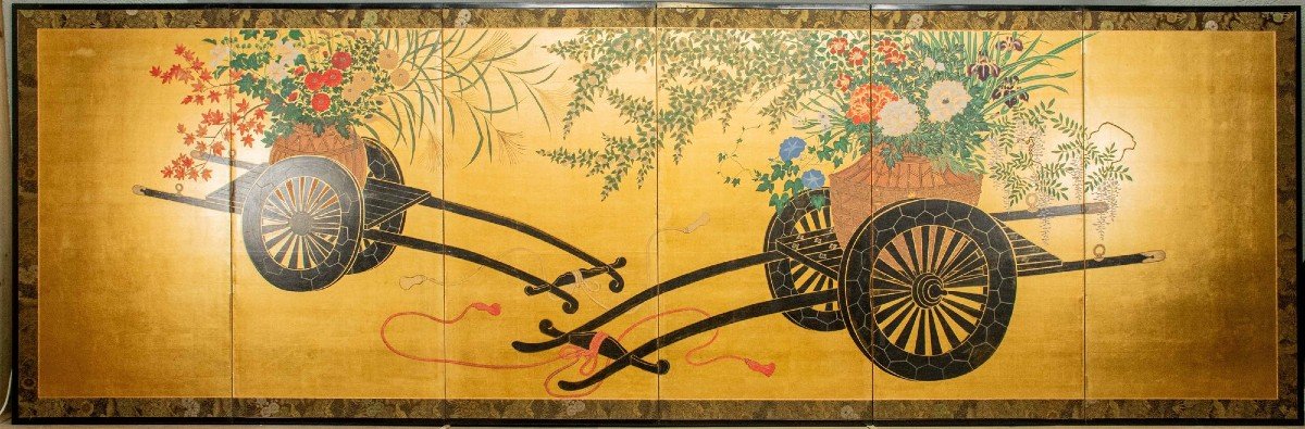 Byobu 屏風, paravento pieghevole, a sei pannelli di legno rivestiti con carta dipinta a mano