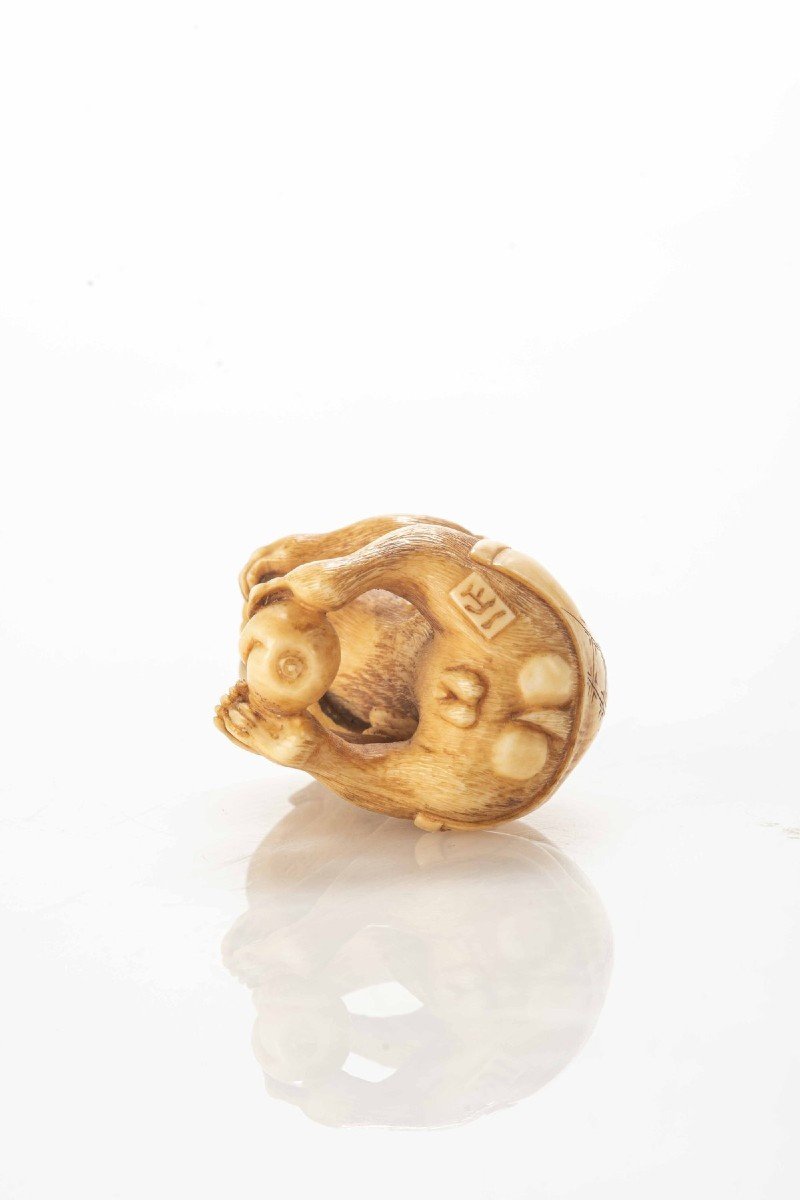 Netsuke in avorio raffigurante una scimmia mentre mangia un frutto-photo-2