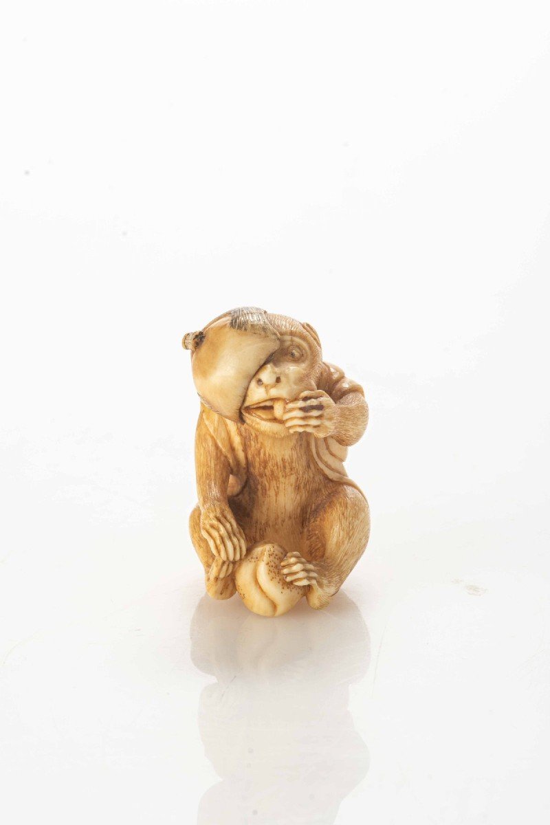 Netsuke in avorio raffigurante una scimmia mentre mangia un frutto