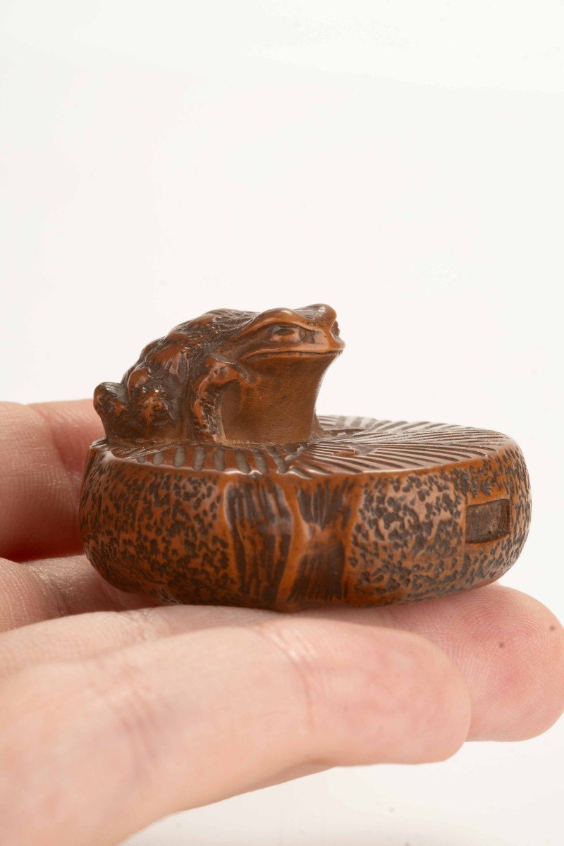 Netsuke in legno di bosso raffigurante un rospo su una macina circolare firmato Masanao-photo-1