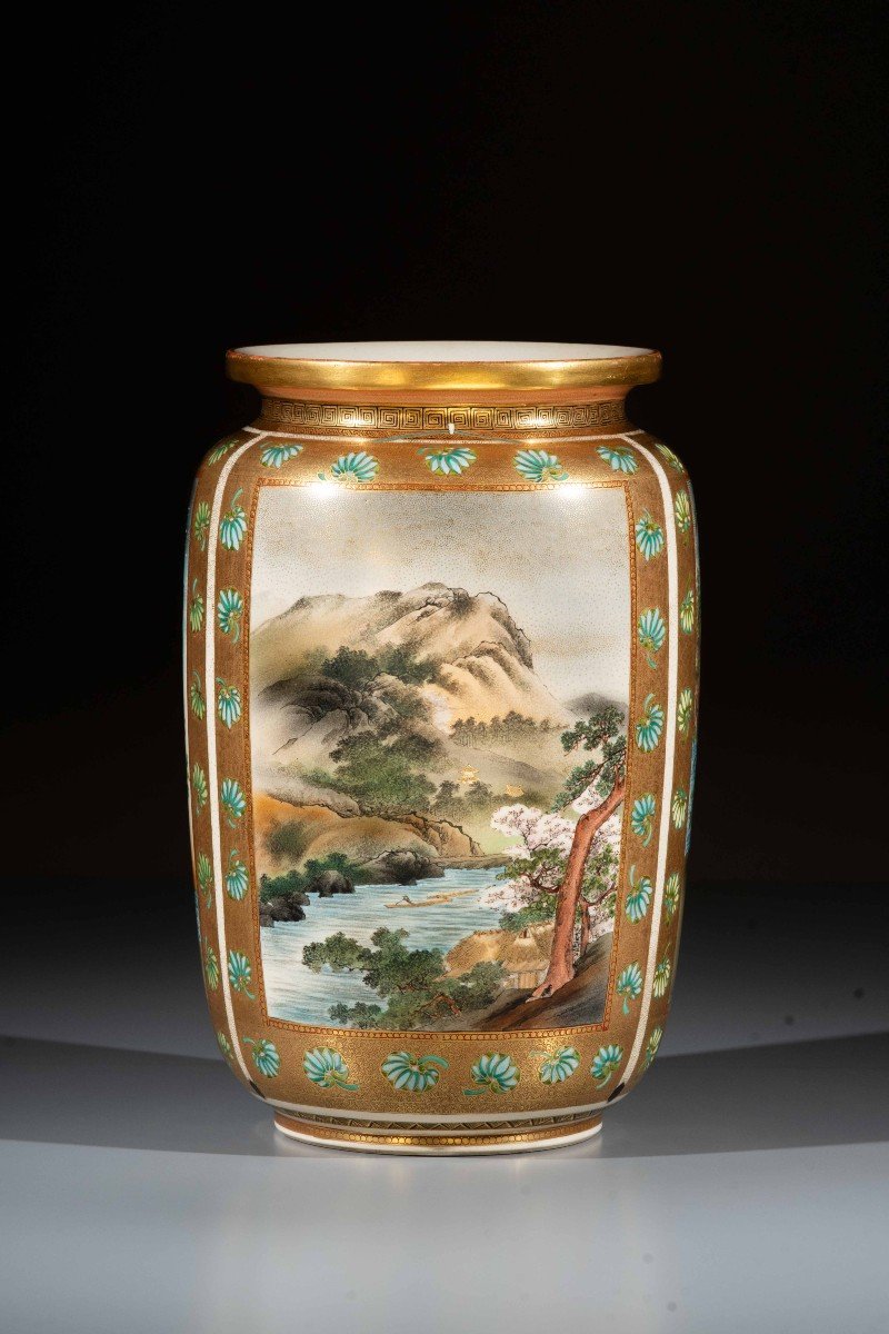 Grande vaso Satsuma con tre riserve firmato Matsumoto Hozan-photo-3