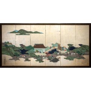 Paravento giapponese a sei ante raffigurante una scena tratta dai “Racconti di Genji”