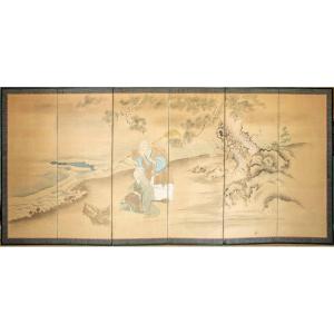 Paravento byobu giapponese dipinto su carta con pigmenti naturali 