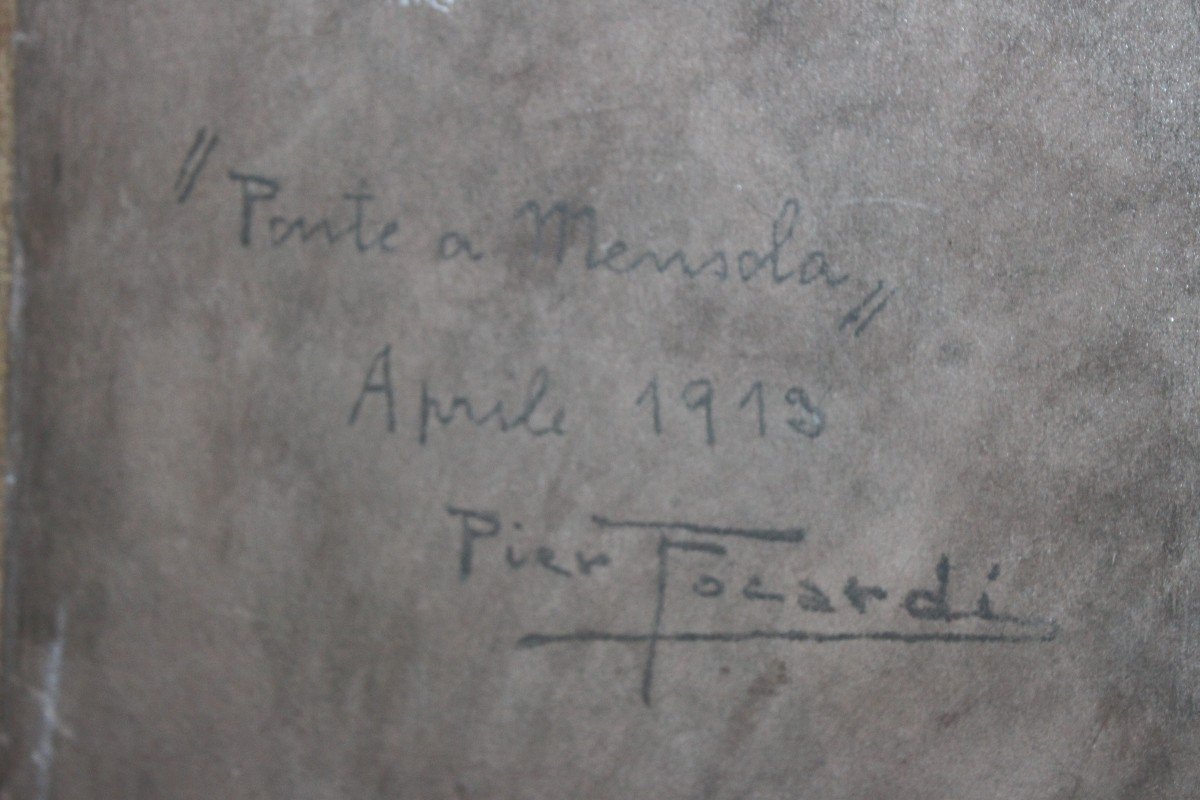 PIER FOCARDI (1889-1945) "PONTE A MENSOLA", DATATO 1913, OLIO SU CARTONE.-photo-1