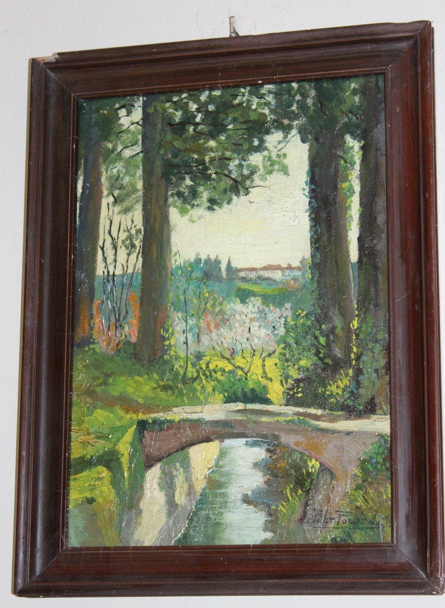 PIER FOCARDI (1889-1945) "PONTE A MENSOLA", DATATO 1913, OLIO SU CARTONE.