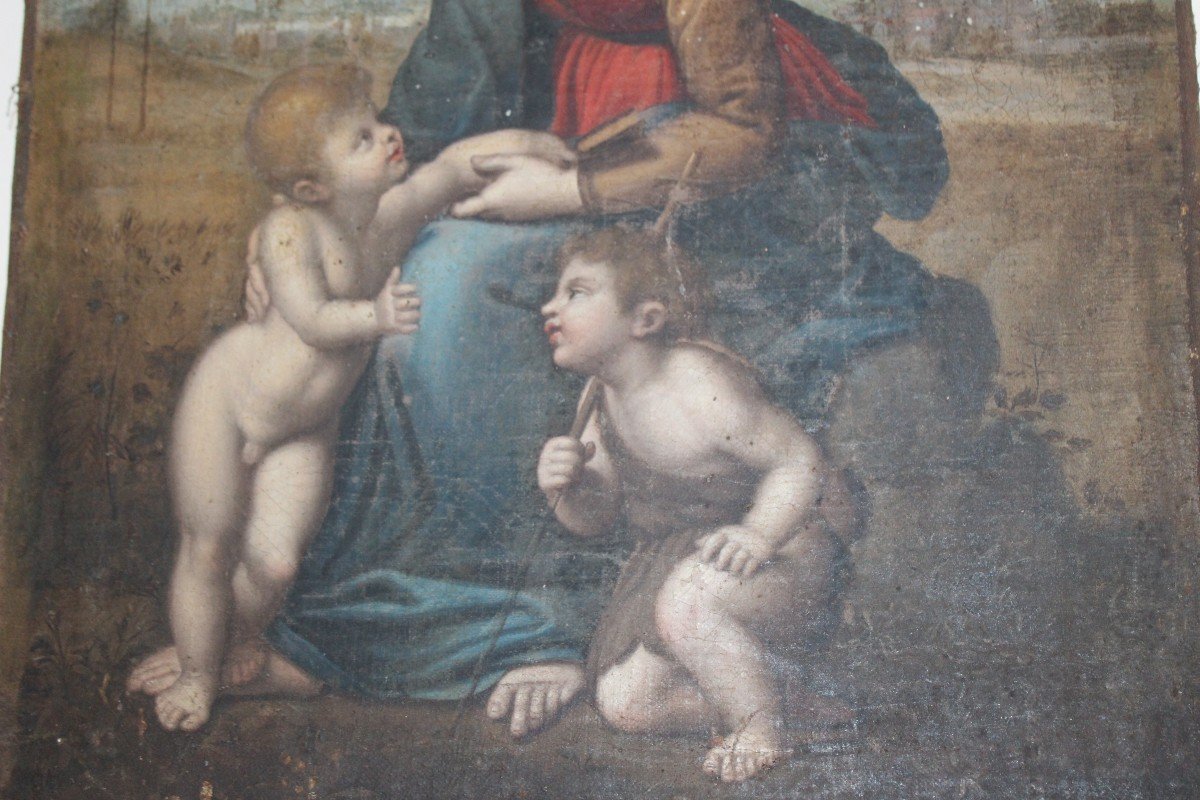 "MADONNA CON GESù BAMBINO E SAN GIOVANNINO" COPIA DEL XVIII SECOLO DI RAFFAELLO.-photo-3