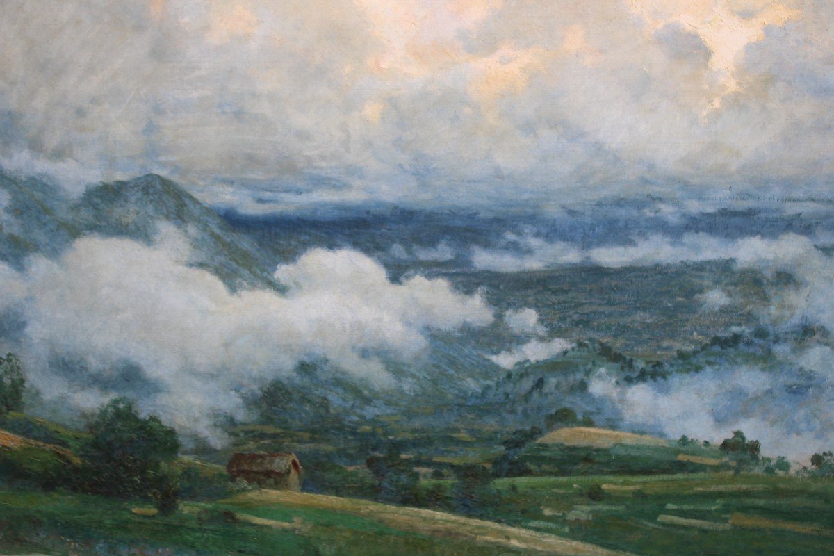 GRANDE DIPINTO OLIO SU TELA, "PAESAGGIO MONTANO", FINE XIX SECOLO.