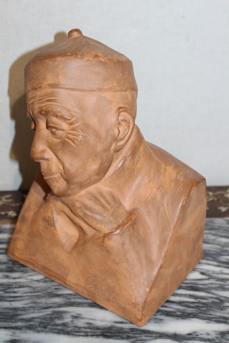 BUSTO DI UN UOMO ASIATICO IN TERRACOTTA, GASTON HAUCHECORNE (1880-1945).-photo-1