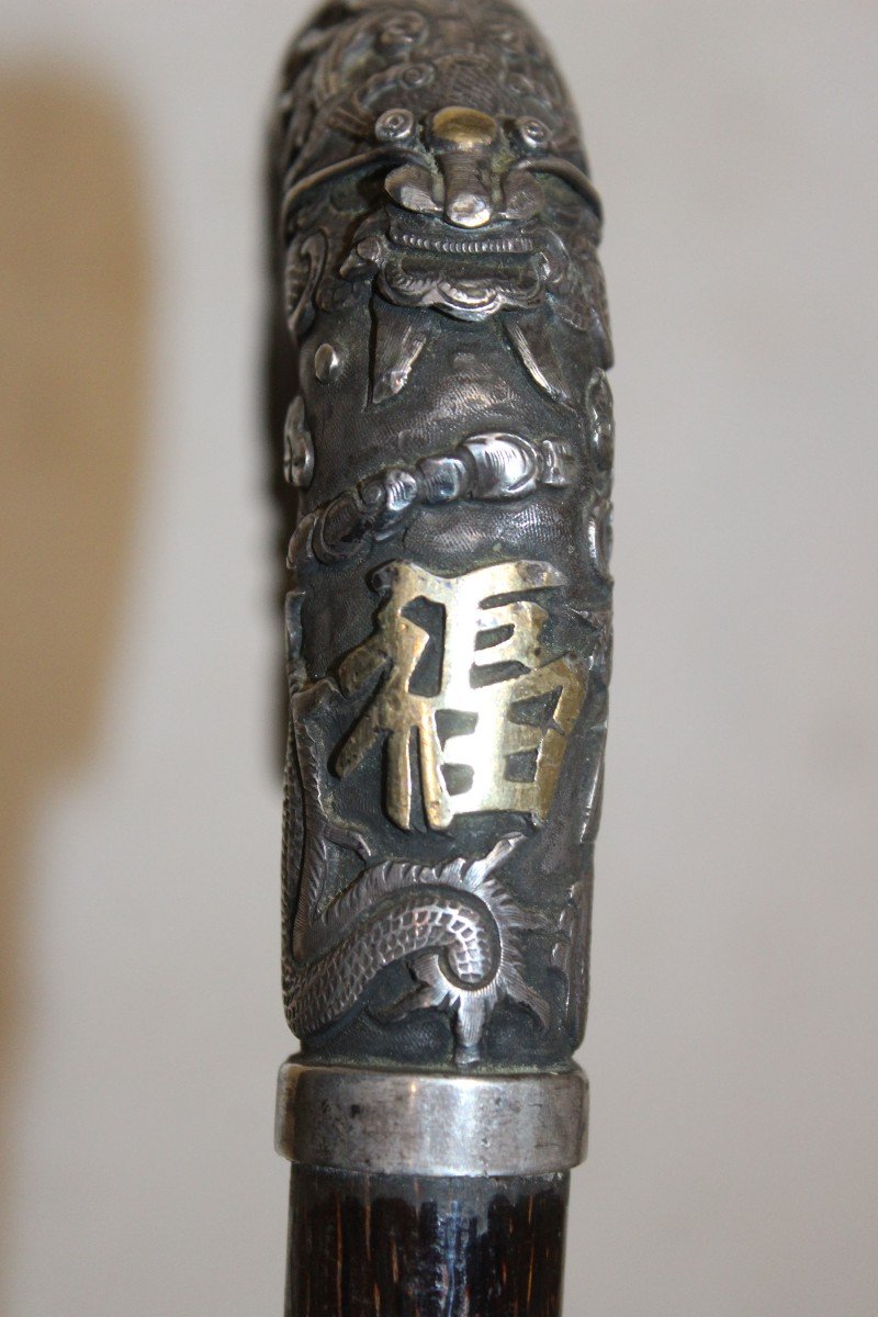 Bastone indocinese con manico in argento con drago, Cina o Vietnam XIX secolo.-photo-4