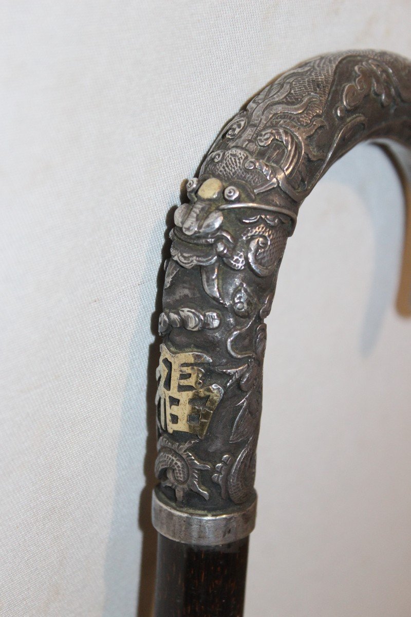 Bastone indocinese con manico in argento con drago, Cina o Vietnam XIX secolo.-photo-1