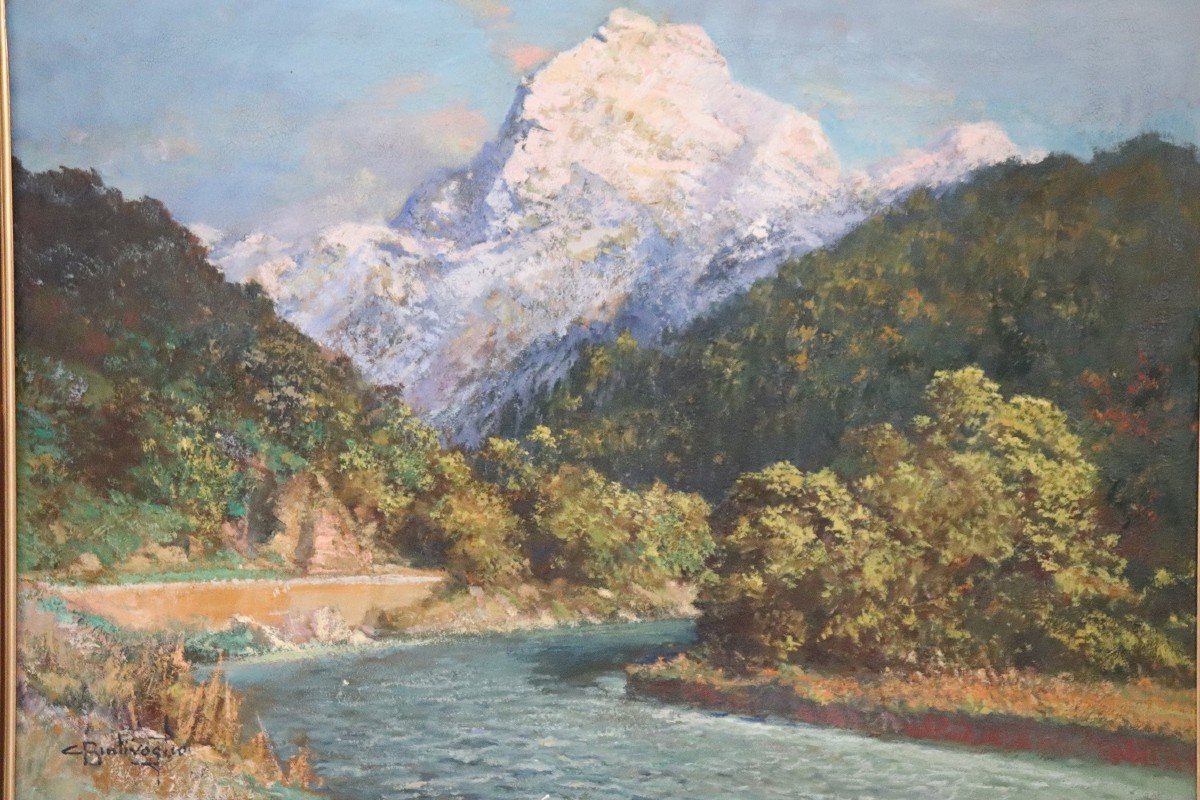 Cesare Bentivoglio, Paesaggio di montagna con fiume, anni '30, olio su tela-photo-2