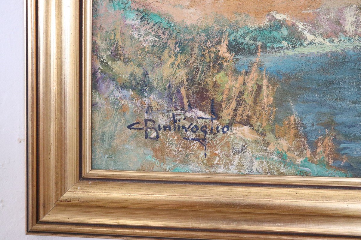 Cesare Bentivoglio, Paesaggio di montagna con fiume, anni '30, olio su tela-photo-3