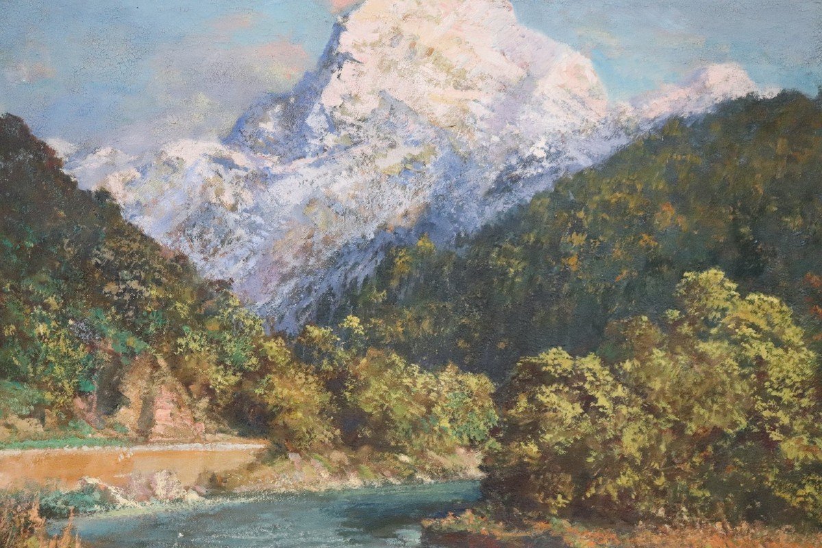 Cesare Bentivoglio, Paesaggio di montagna con fiume, anni '30, olio su tela-photo-4