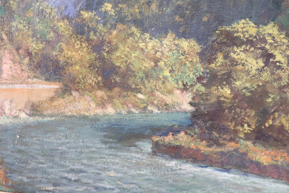 Cesare Bentivoglio, Paesaggio di montagna con fiume, anni '30, olio su tela-photo-2