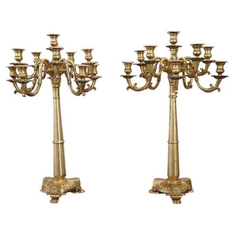 Candelabri antichi in bronzo dorato con undici luci, fine XIX secolo, set di 2