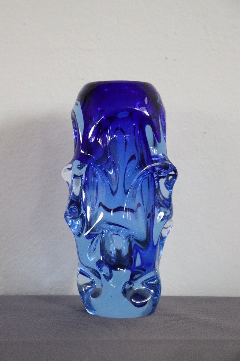 Vaso blu in vetro soffiato attribuito a Börne Augustsson, anni '40-photo-2