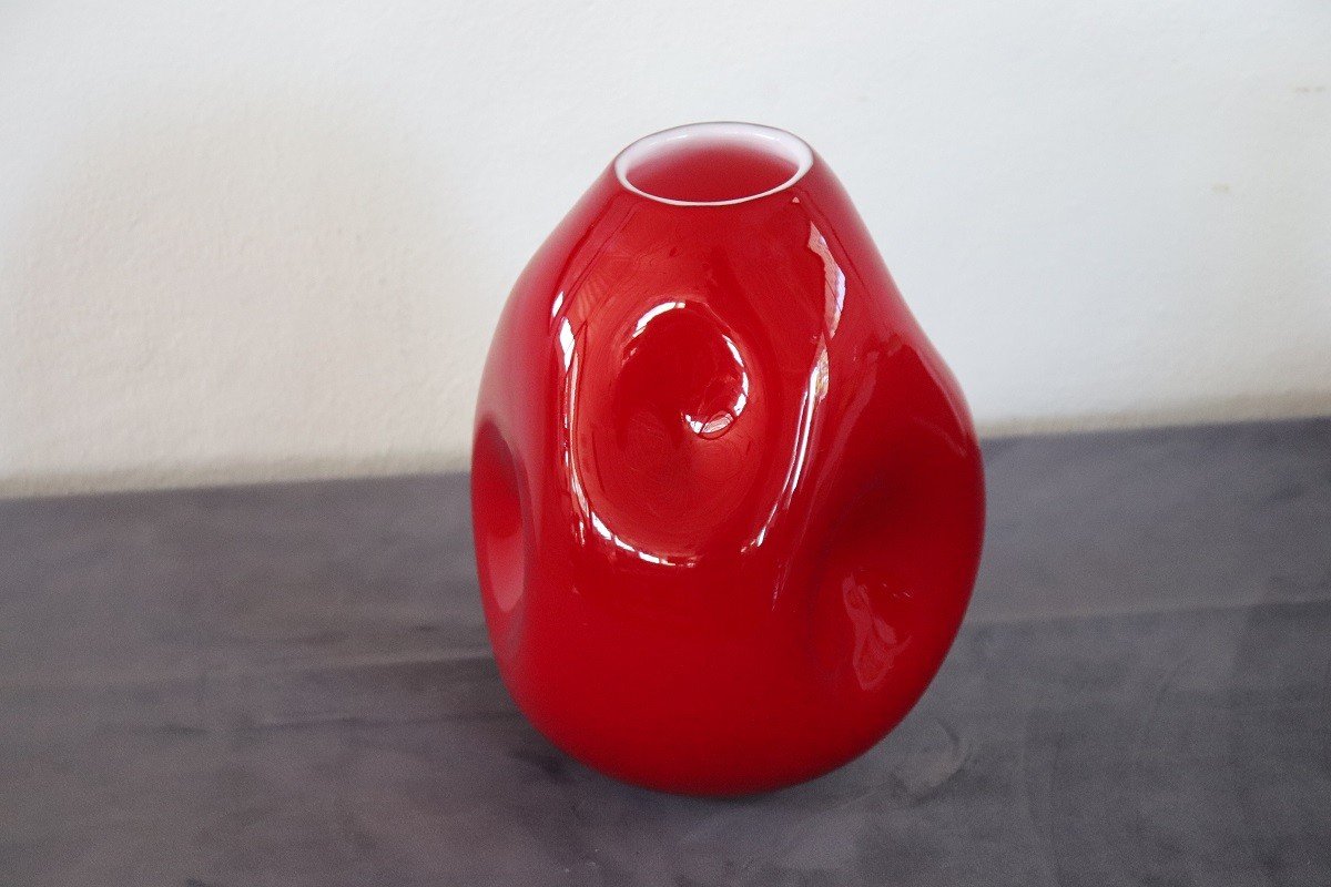 Vaso rosso vintage in vetro artistico di Murano, Italia, anni '70-photo-7