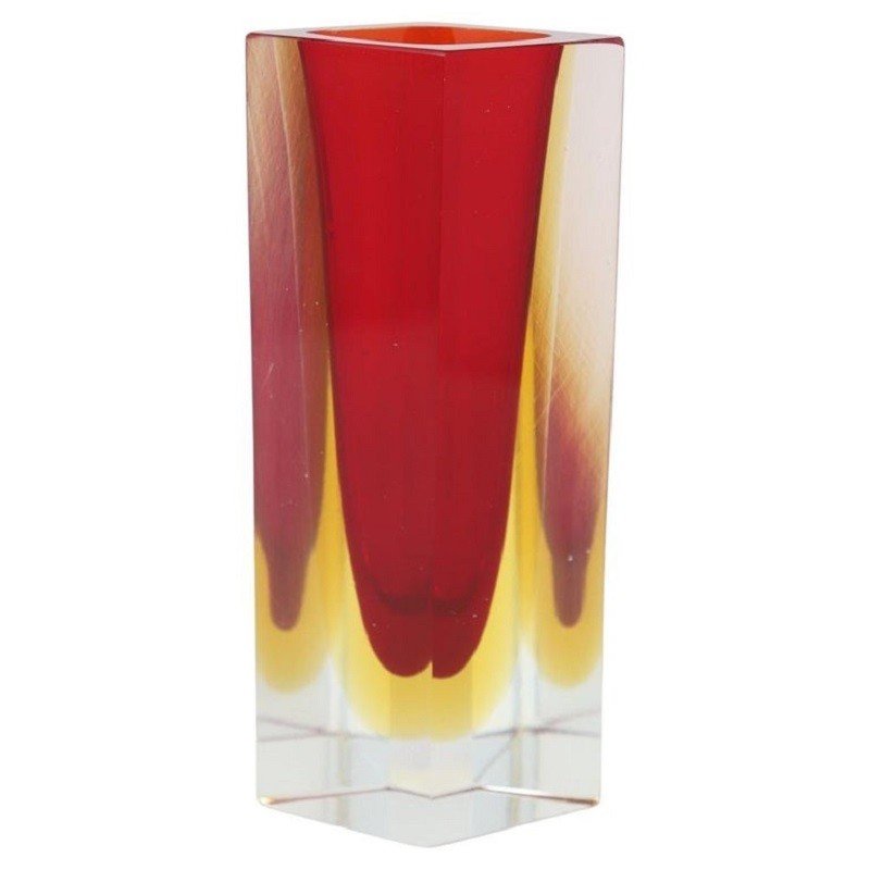 Vaso in vetro di Murano rosso e giallo anni '70