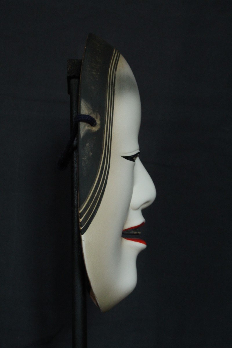 Maschera giapponese, Onna 若女, firmata, teatro Noh vintage, ceramica da Osaka-photo-2