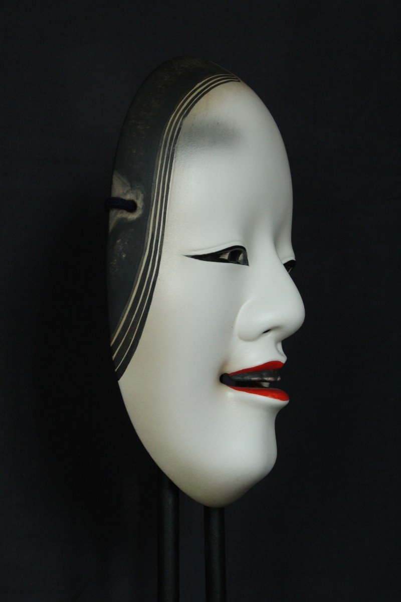 Maschera giapponese, Onna 若女, firmata, teatro Noh vintage, ceramica da Osaka-photo-3