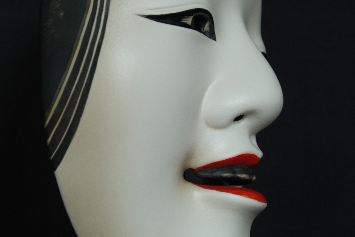 Maschera giapponese, Onna 若女, firmata, teatro Noh vintage, ceramica da Osaka-photo-5