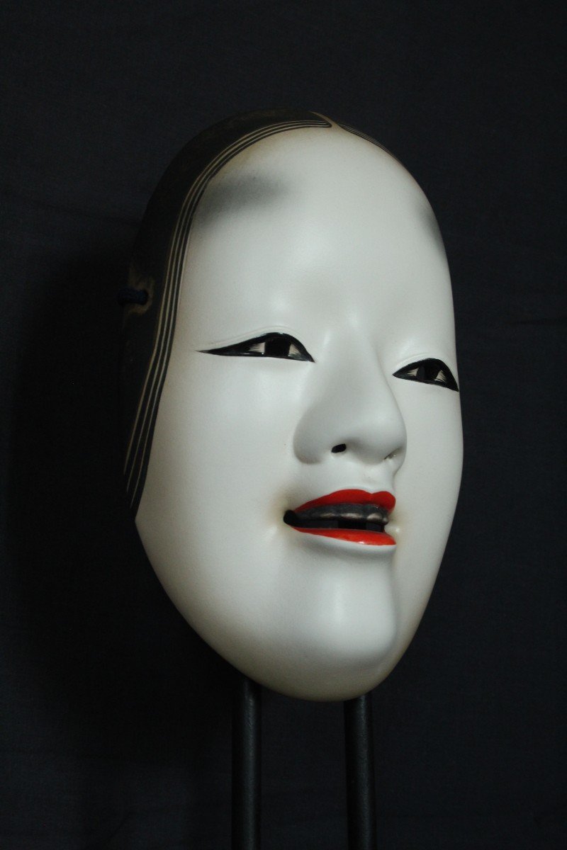 Maschera giapponese, Onna 若女, firmata, teatro Noh vintage, ceramica da Osaka