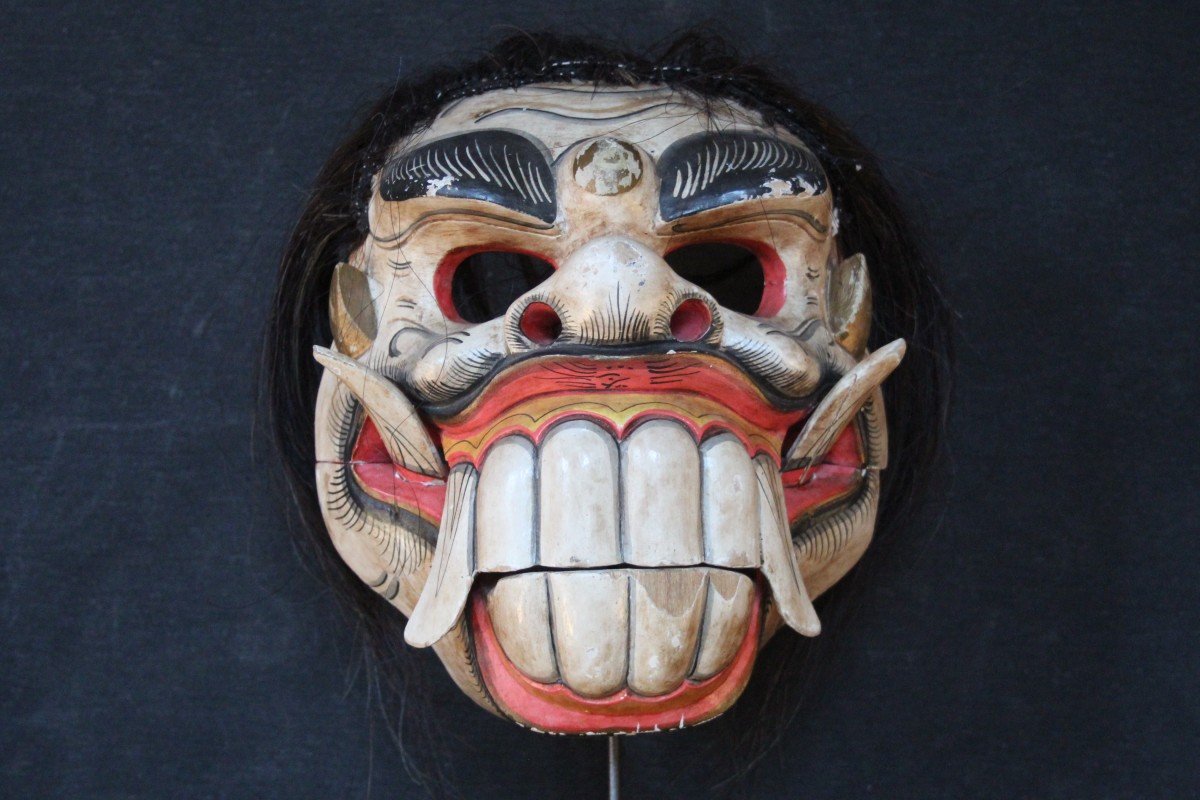 Maschera balinese vintage Rangda Celuluk – Maschera in legno dipinta a mano rappresentante un d